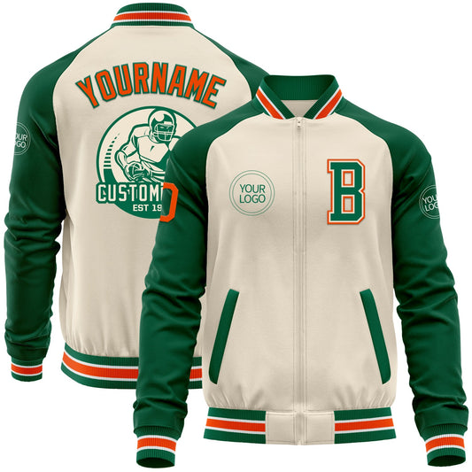 Custom Cream Orange Kelly Green-White Bomber Varsity Letterman Two Tone Zipper Jacket - Main View