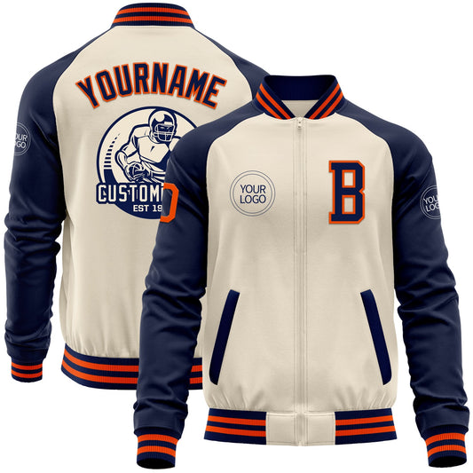 Custom Cream Orange-Navy Bomber Varsity Letterman Two Tone Zipper Jacket - Main View