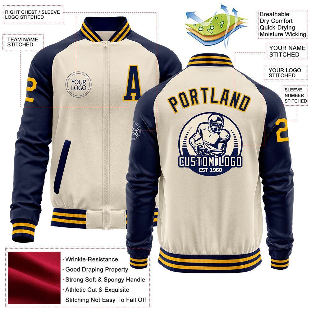 Custom Cream Gold-Navy Bomber Varsity Letterman Two Tone Zipper Jacket view 4