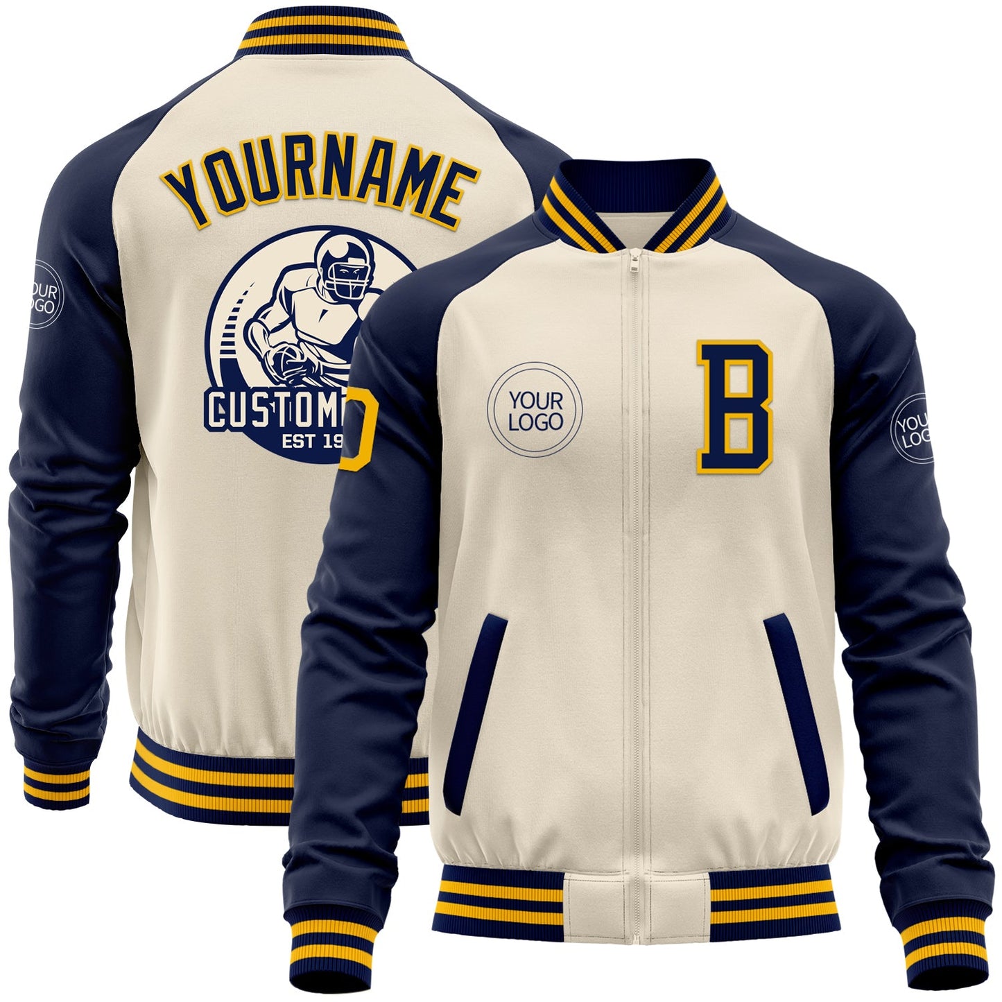 Custom Cream Gold-Navy Bomber Varsity Letterman Two Tone Zipper Jacket - Main View
