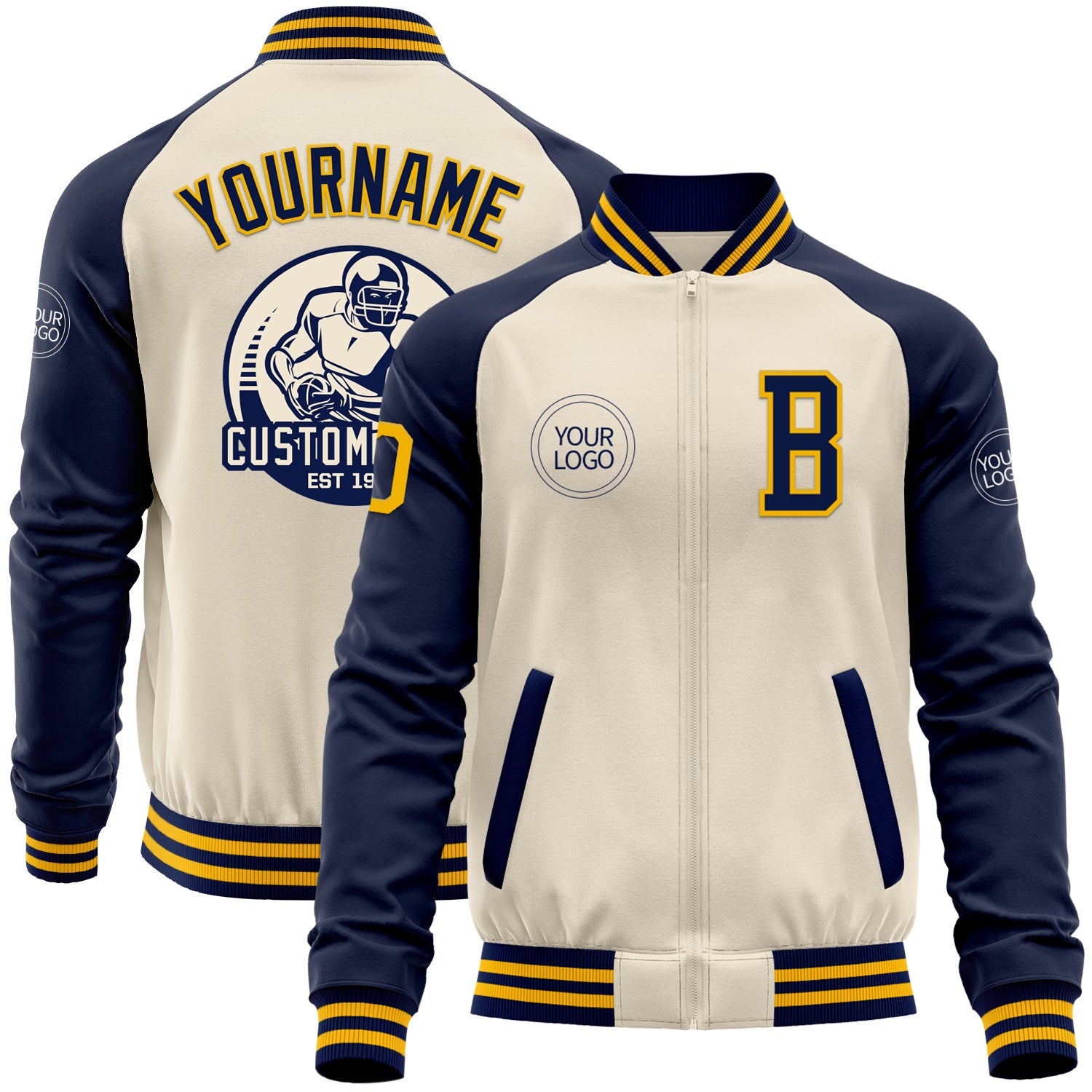 Custom Cream Gold-Navy Bomber Varsity Letterman Two Tone Zipper Jacket - Main View