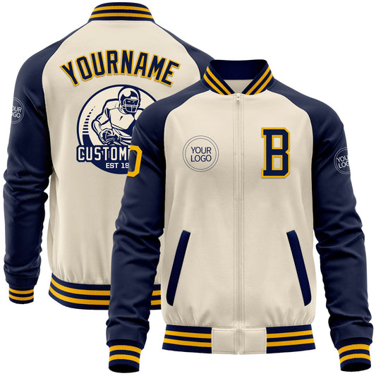 Custom Cream Gold-Navy Bomber Varsity Letterman Two Tone Zipper Jacket - Main View