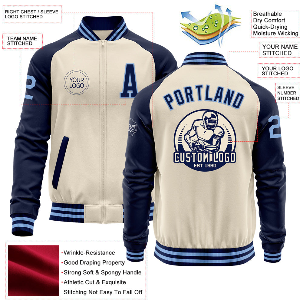 Custom Cream Light Blue-Navy Bomber Varsity Letterman Two Tone Zipper Jacket view 4