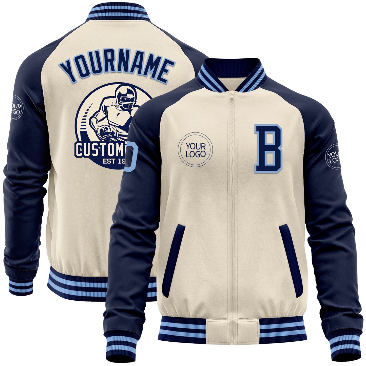 Custom Cream Light Blue-Navy Bomber Varsity Letterman Two Tone Zipper Jacket - Main View