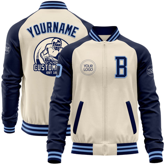 Custom Cream Light Blue-Navy Bomber Varsity Letterman Two Tone Zipper Jacket - Main View