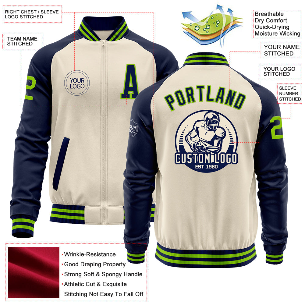 Custom Cream Neon Green-Navy Bomber Varsity Letterman Two Tone Zipper Jacket view 4