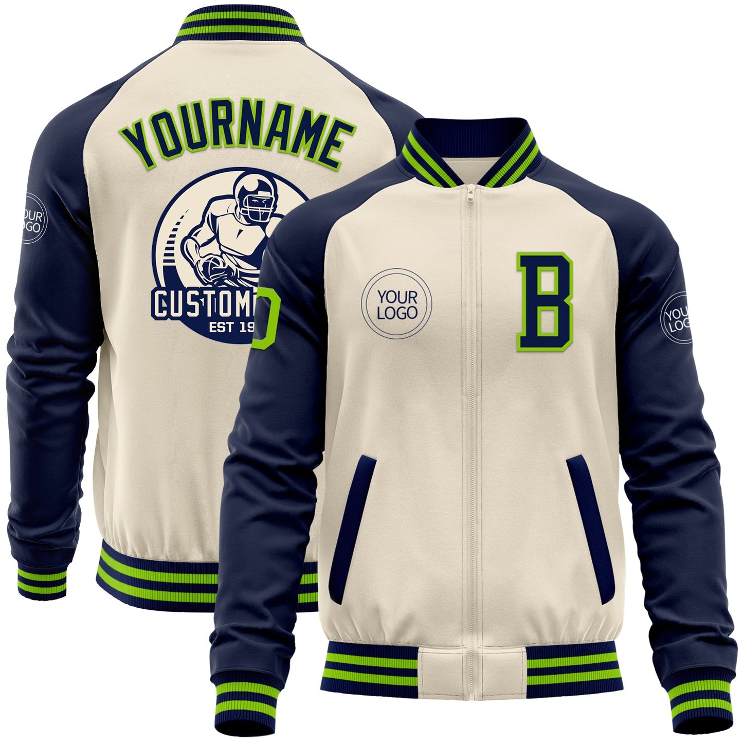 Custom Cream Neon Green-Navy Bomber Varsity Letterman Two Tone Zipper Jacket - Main View