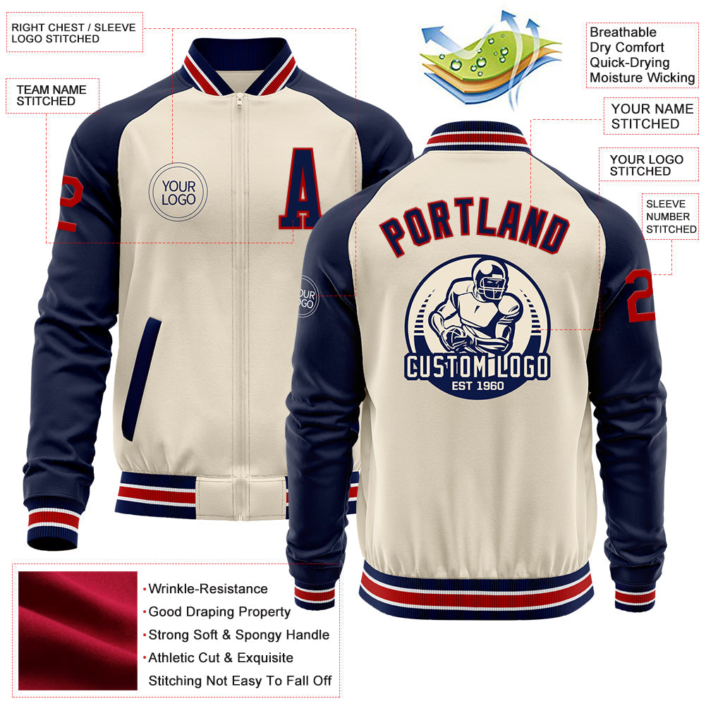 Custom Cream Red Navy-White Bomber Varsity Letterman Two Tone Zipper Jacket view 4