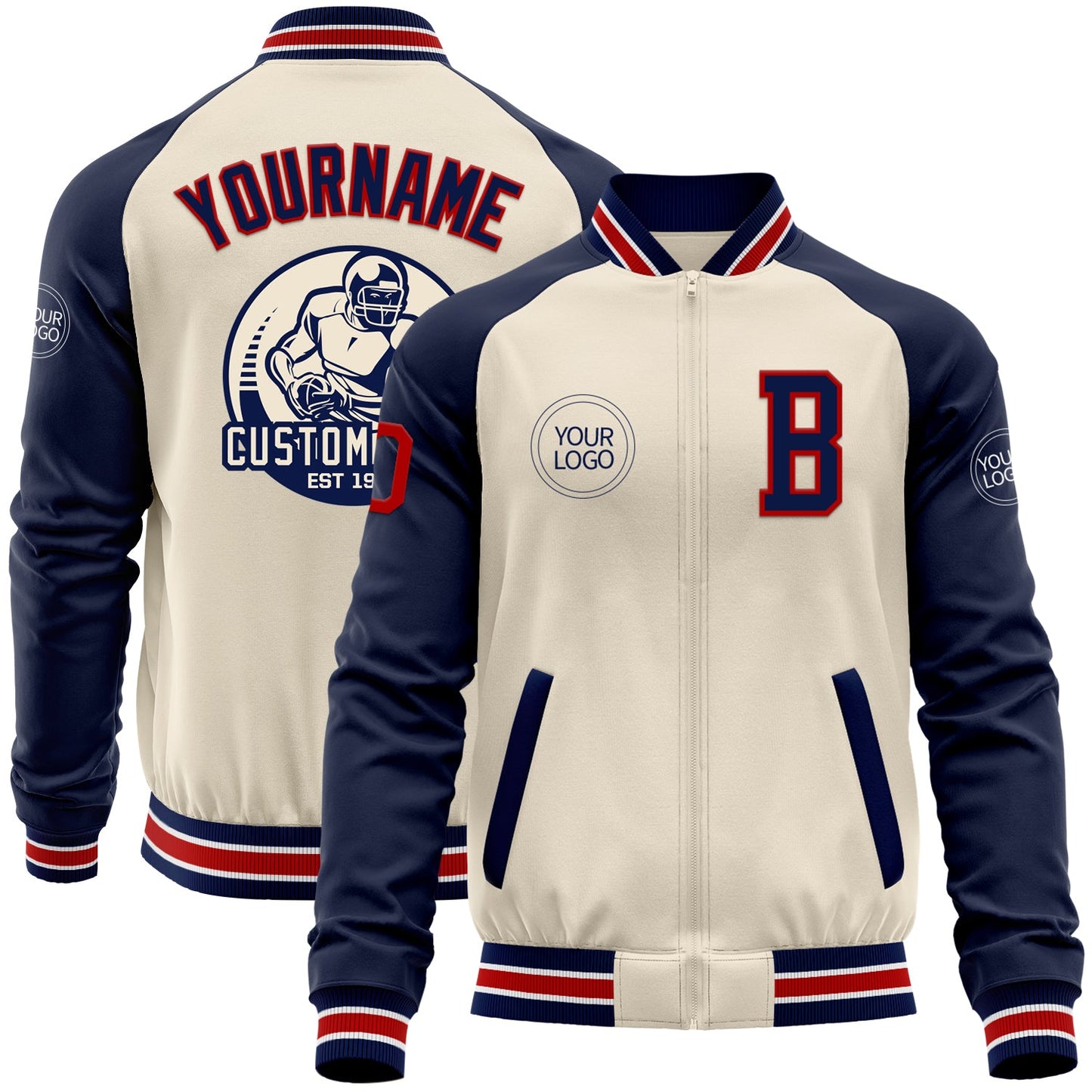 Custom Cream Red Navy-White Bomber Varsity Letterman Two Tone Zipper Jacket - Main View