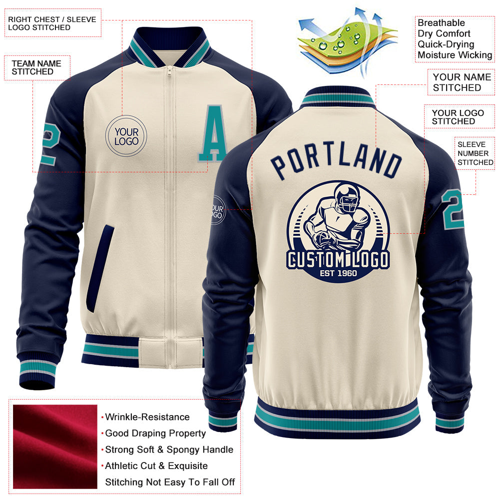 Custom Cream Teal Gray-Navy Bomber Varsity Letterman Two Tone Zipper Jacket view 4