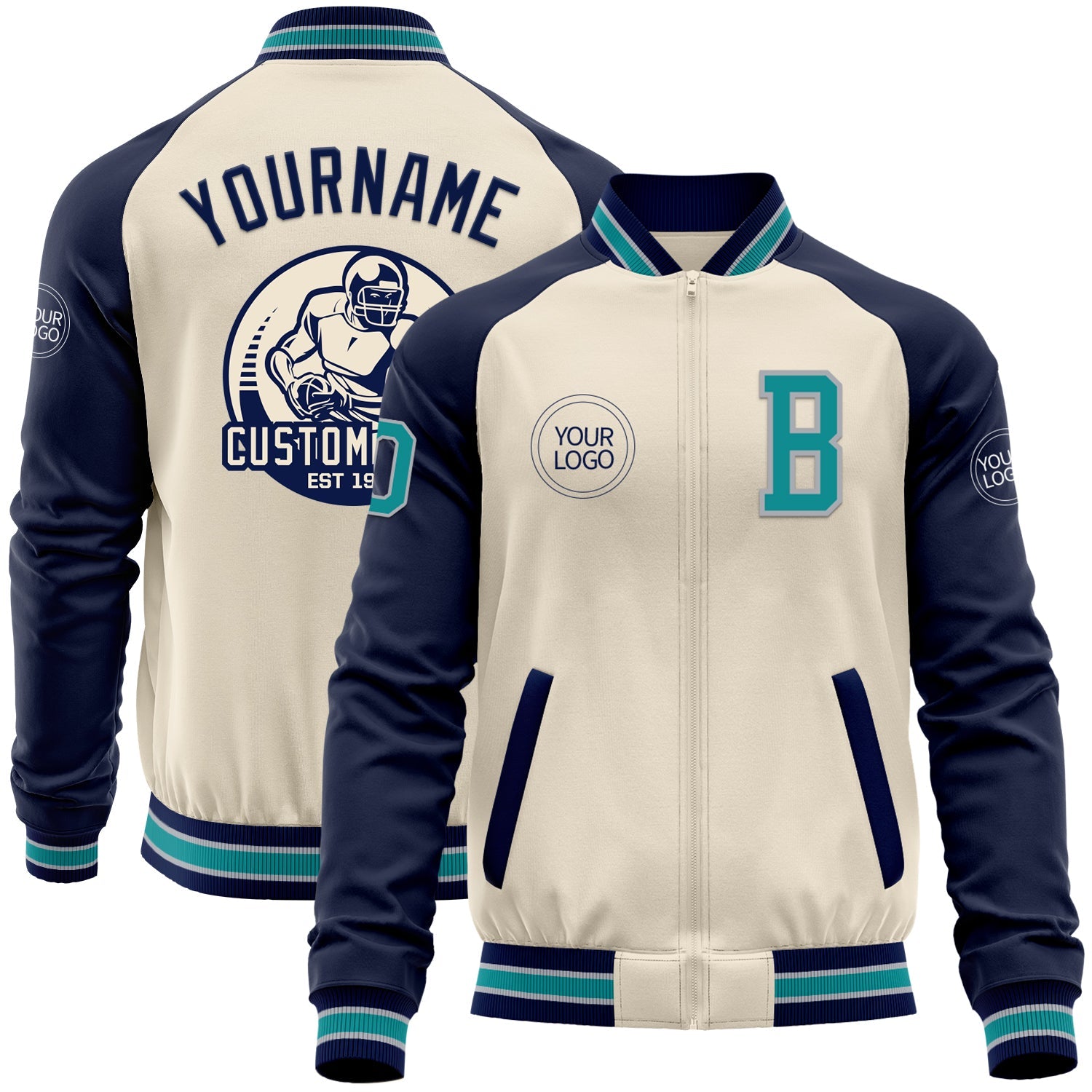 Custom Cream Teal Gray-Navy Bomber Varsity Letterman Two Tone Zipper Jacket - Main View