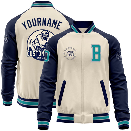 Custom Cream Teal Gray-Navy Bomber Varsity Letterman Two Tone Zipper Jacket - Main View