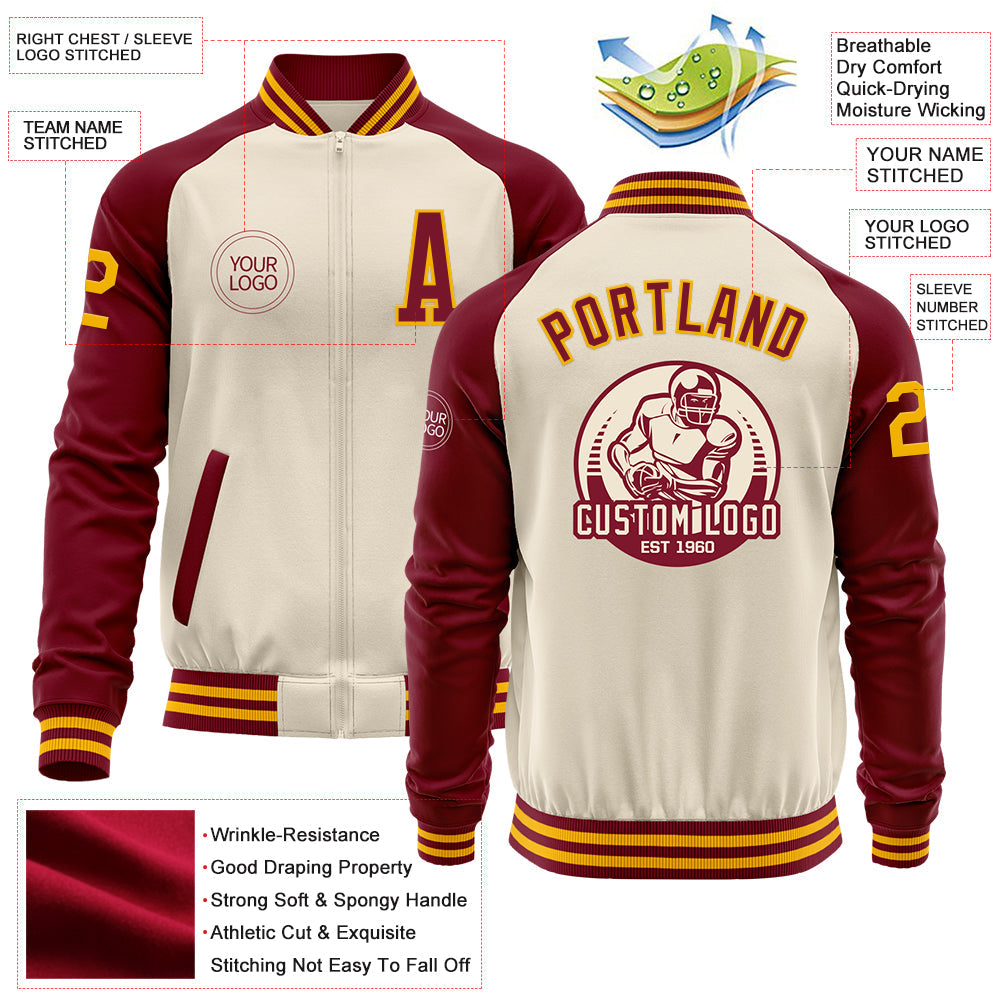 Custom Cream Gold-Crimson Bomber Varsity Letterman Two Tone Zipper Jacket view 4