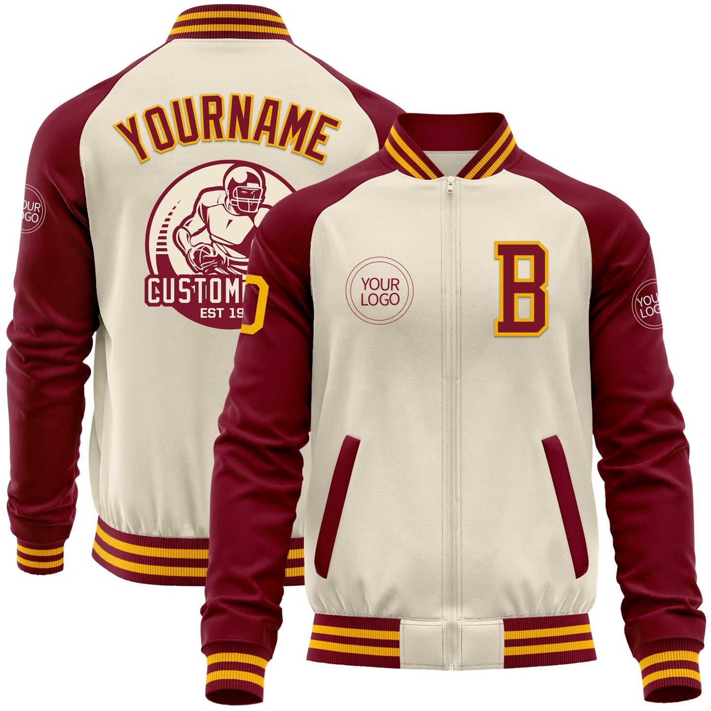 Custom Cream Gold-Crimson Bomber Varsity Letterman Two Tone Zipper Jacket - Main View