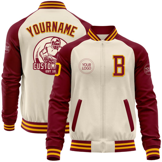 Custom Cream Gold-Crimson Bomber Varsity Letterman Two Tone Zipper Jacket - Main View
