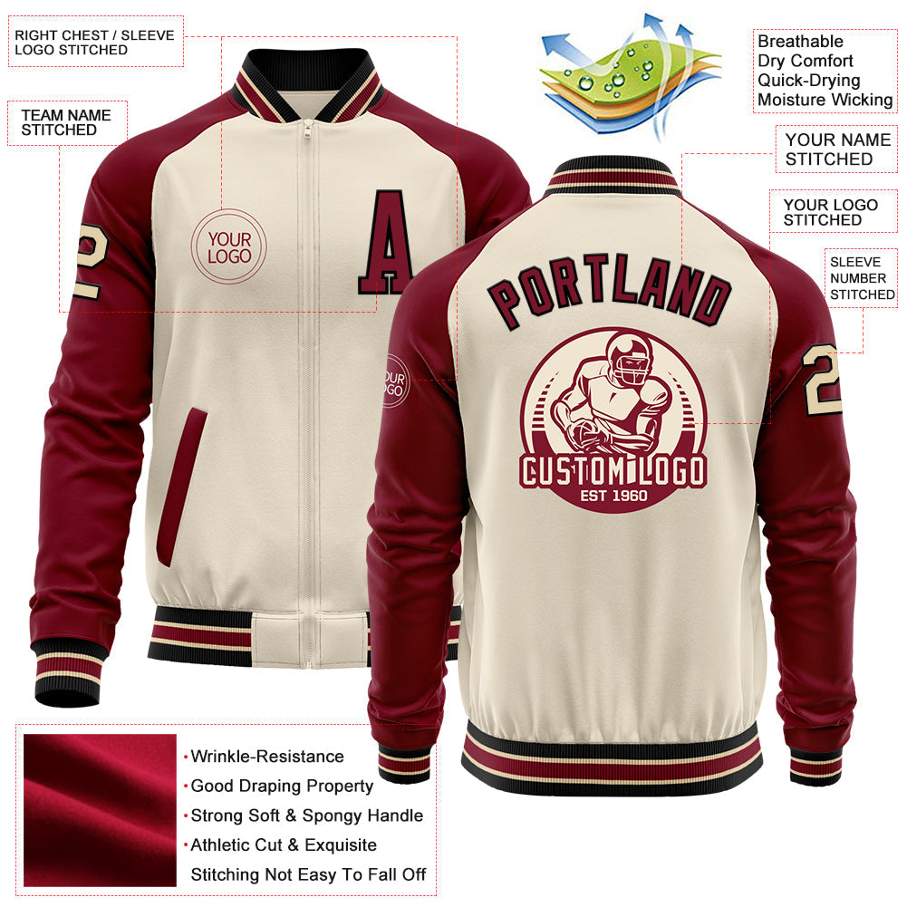 Custom Cream Black Crimson-City Cream Bomber Varsity Letterman Two Tone Zipper Jacket view 4