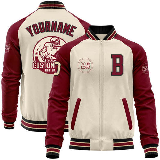 Custom Cream Black Crimson-City Cream Bomber Varsity Letterman Two Tone Zipper Jacket - Main View