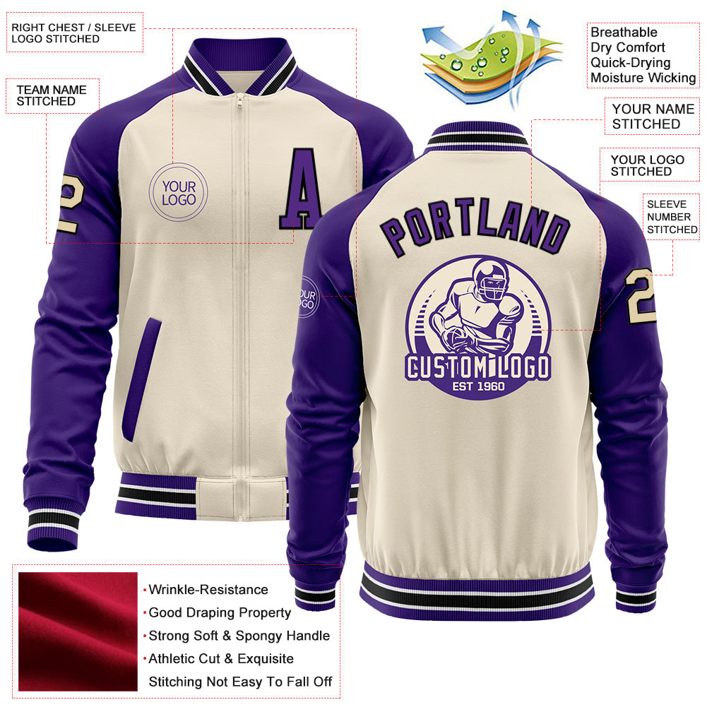 Custom Cream Black Purple-White Bomber Varsity Letterman Two Tone Zipper Jacket view 4