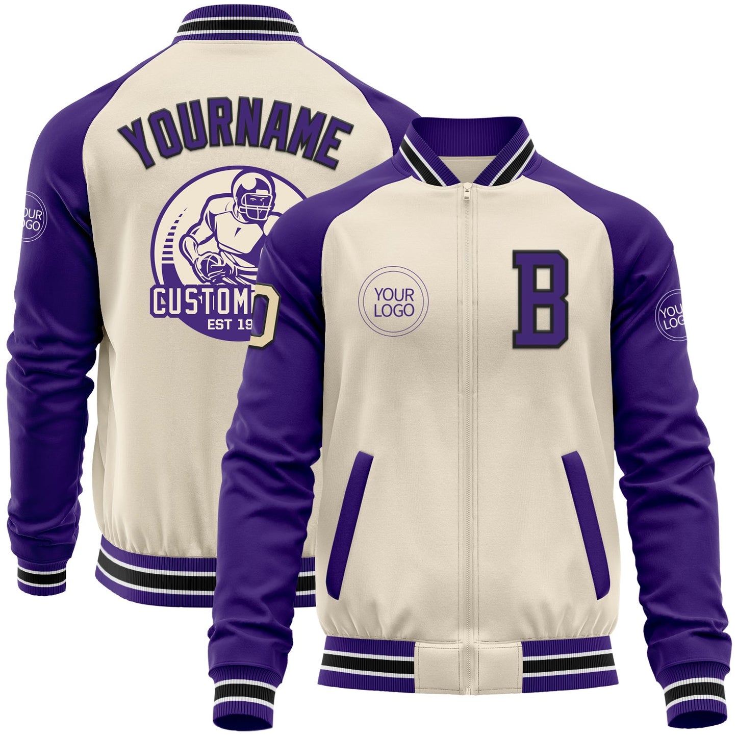 Custom Cream Black Purple-White Bomber Varsity Letterman Two Tone Zipper Jacket - Main View