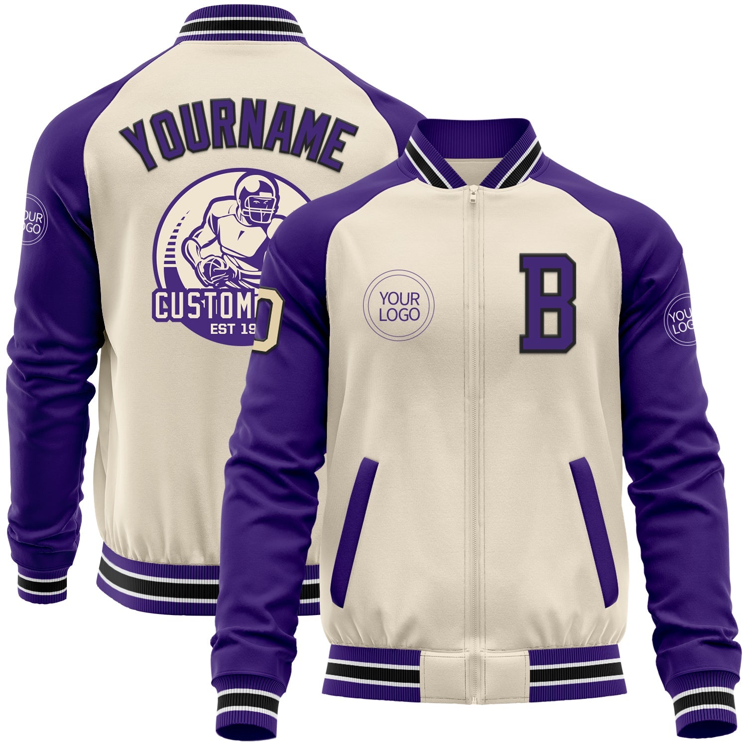 Custom Cream Black Purple-White Bomber Varsity Letterman Two Tone Zipper Jacket - Main View
