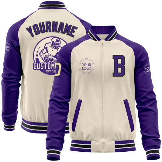 Custom Cream Black Purple-White Bomber Varsity Letterman Two Tone Zipper Jacket - Main View