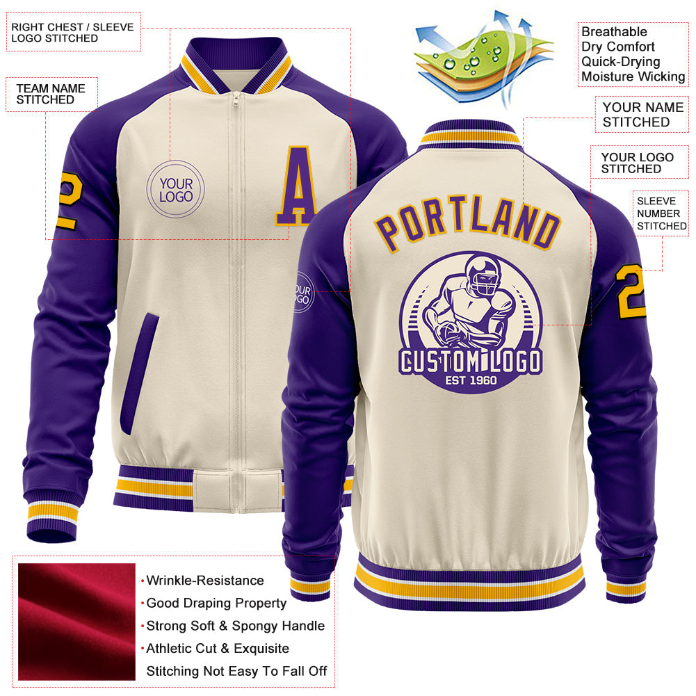 Custom Cream Gold Black Purple-White Bomber Varsity Letterman Two Tone Zipper Jacket view 4