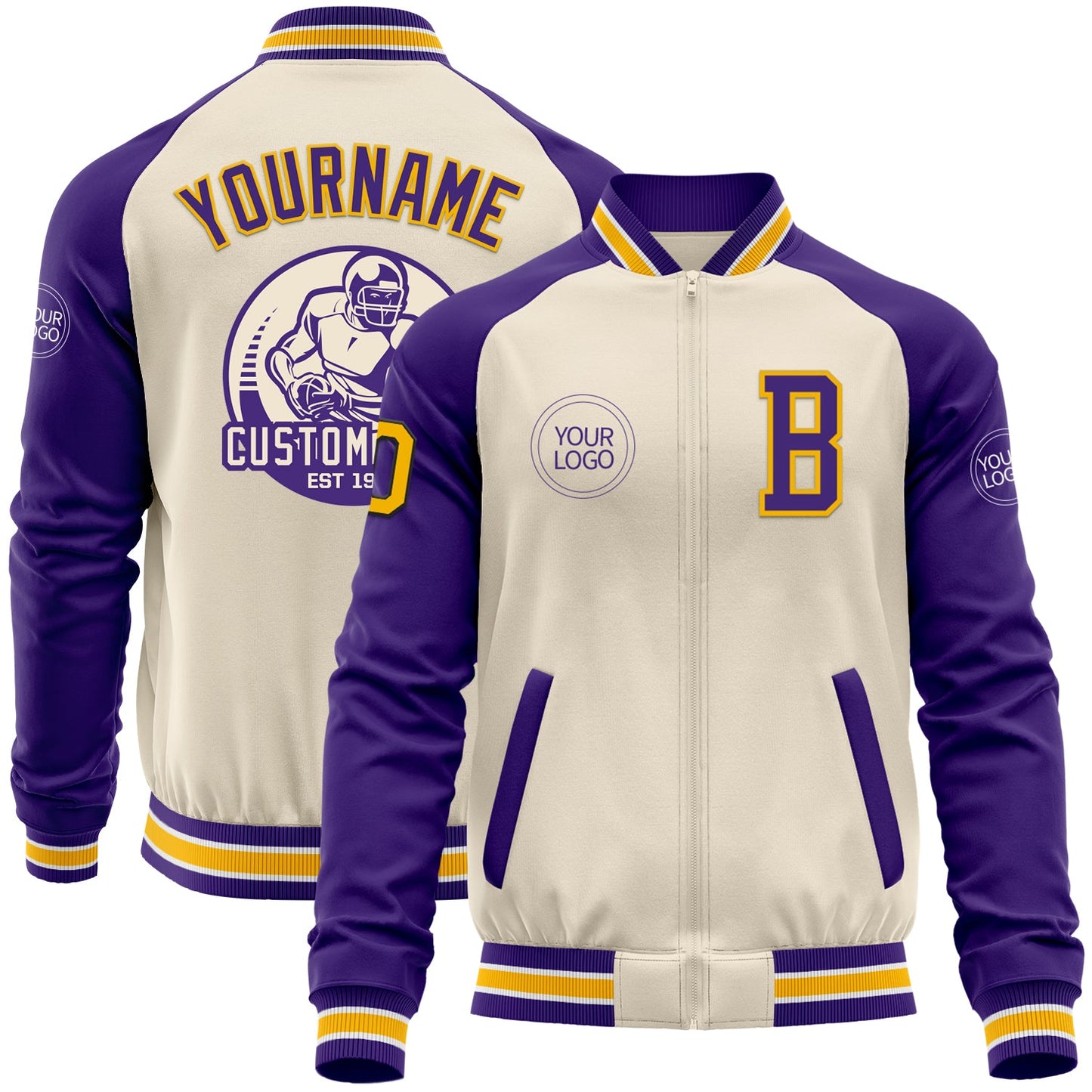 Custom Cream Gold Black Purple-White Bomber Varsity Letterman Two Tone Zipper Jacket - Main View