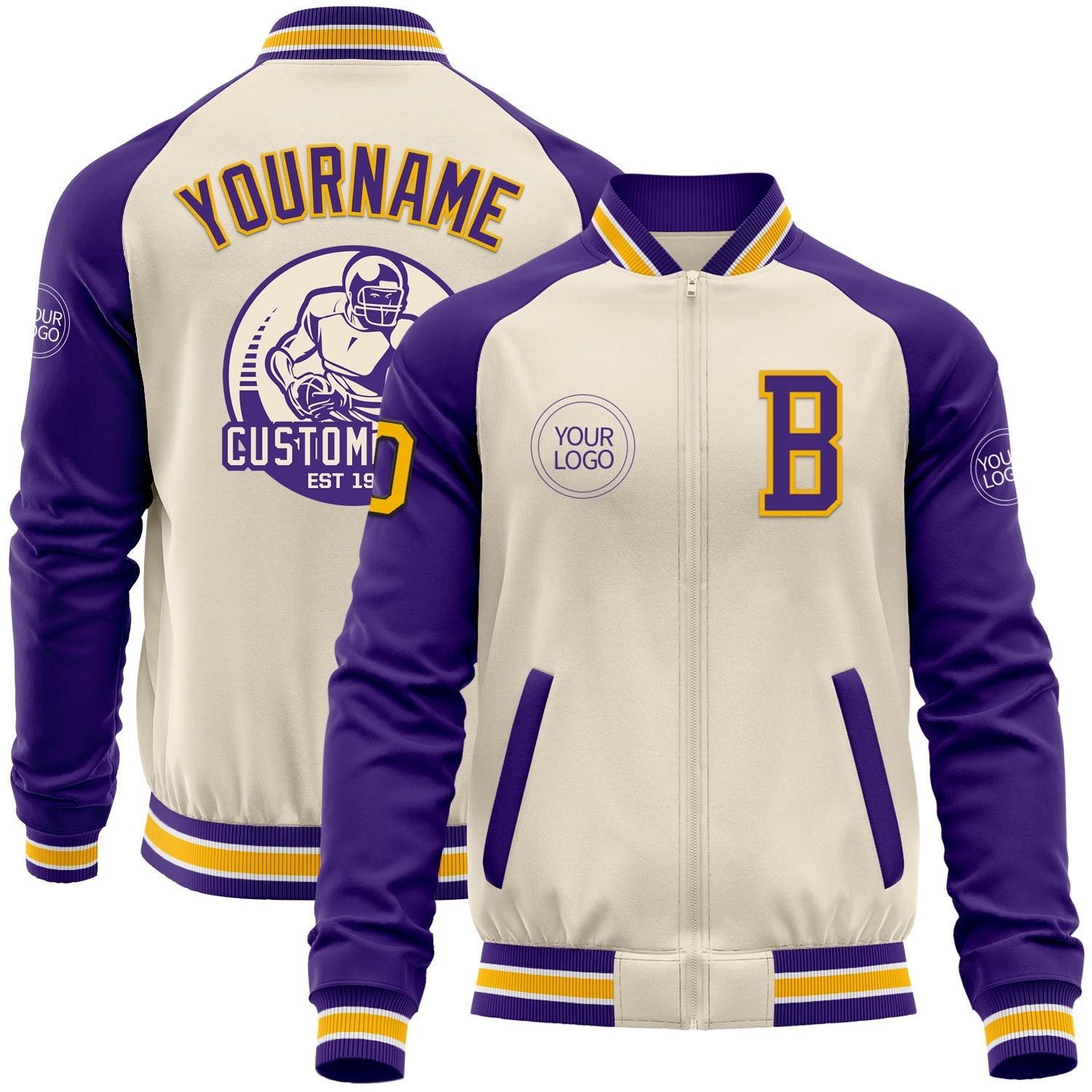 Custom Cream Gold Black Purple-White Bomber Varsity Letterman Two Tone Zipper Jacket - Main View