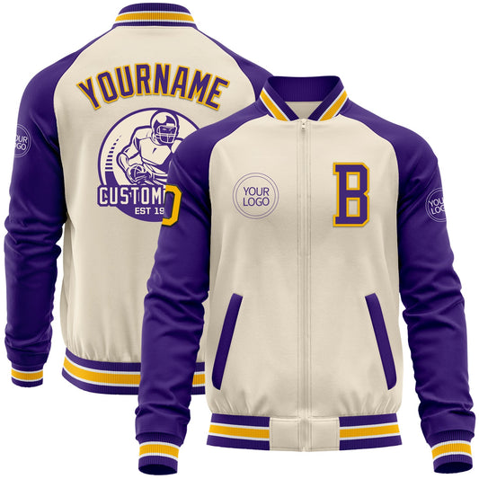 Custom Cream Gold Black Purple-White Bomber Varsity Letterman Two Tone Zipper Jacket - Main View