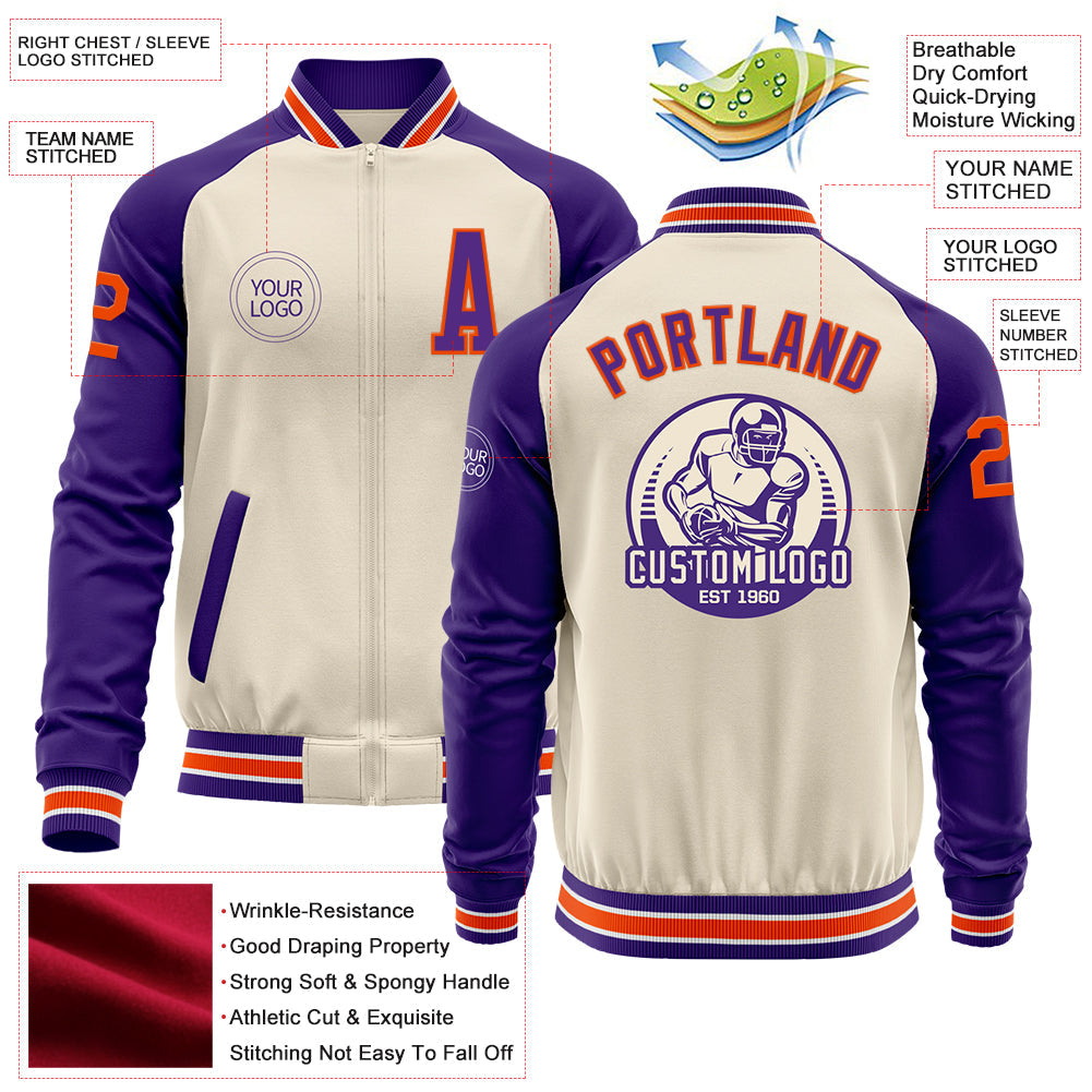 Custom Cream Orange Purple-White Bomber Varsity Letterman Two Tone Zipper Jacket view 4