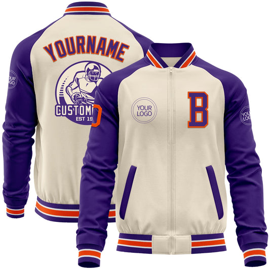 Custom Cream Orange Purple-White Bomber Varsity Letterman Two Tone Zipper Jacket - Main View