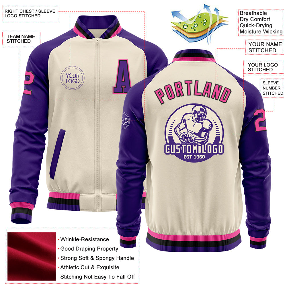 Custom Cream Pink Black-Purple Bomber Varsity Letterman Two Tone Zipper Jacket view 4