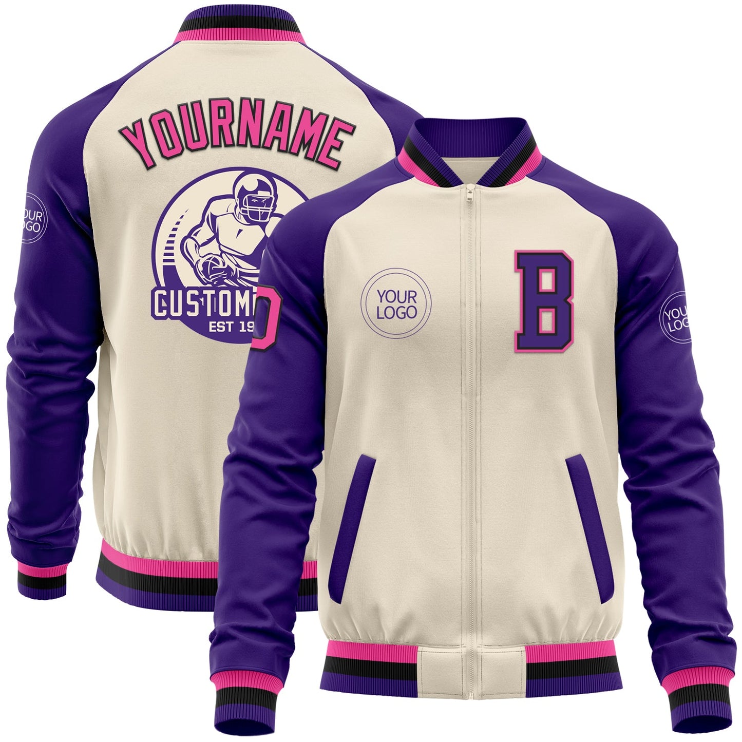 Custom Cream Pink Black-Purple Bomber Varsity Letterman Two Tone Zipper Jacket - Main View