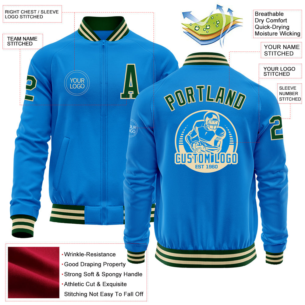 Custom Powder Blue Green-Cream Bomber Varsity Letterman Zipper Jacket view 4