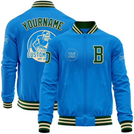 Custom Powder Blue Green-Cream Bomber Varsity Letterman Zipper Jacket - Main View
