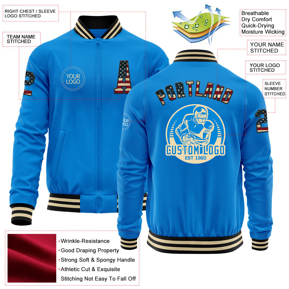 Custom Powder Blue Vintage USA Flag Black-Cream Bomber Varsity Letterman Zipper Jacket view 4