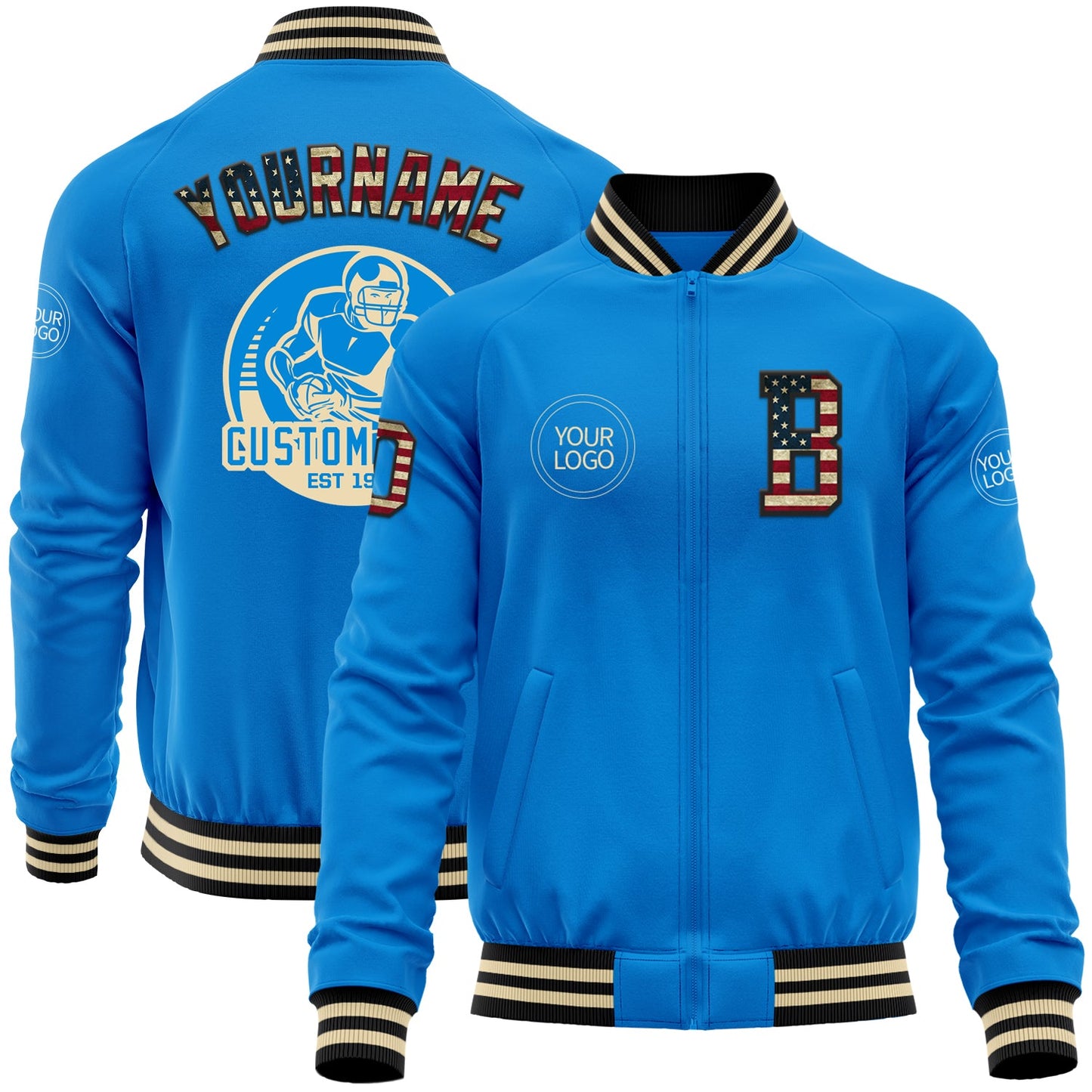 Custom Powder Blue Vintage USA Flag Black-Cream Bomber Varsity Letterman Zipper Jacket - Main View