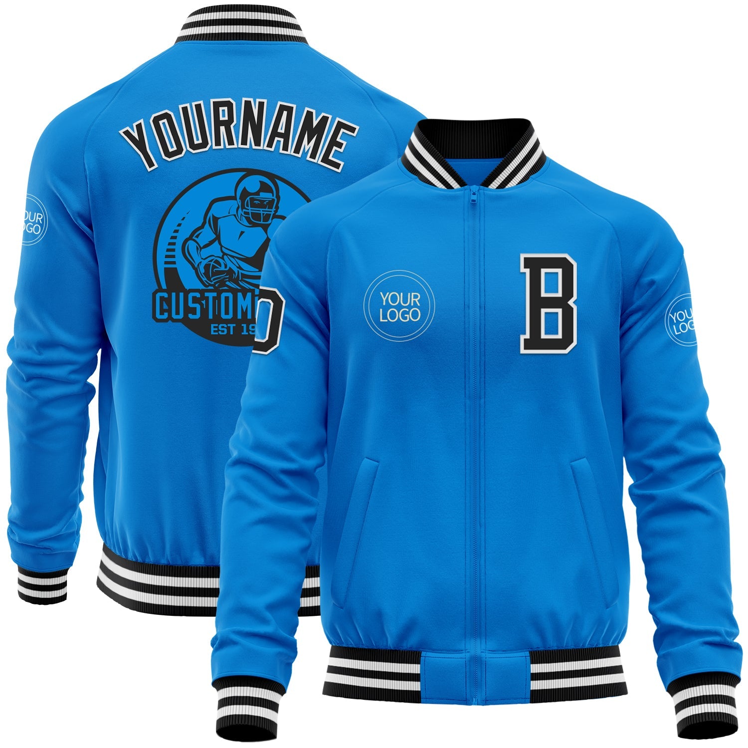 Custom Powder Blue Black-White Bomber Varsity Letterman Zipper Jacket - Main View