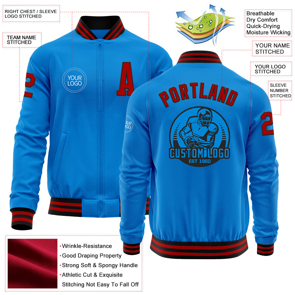 Custom Powder Blue Red-Black Bomber Varsity Letterman Zipper Jacket view 4