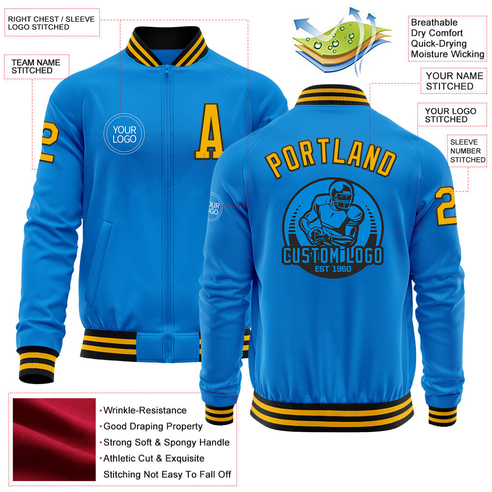 Custom Powder Blue Gold-Black Bomber Varsity Letterman Zipper Jacket view 4