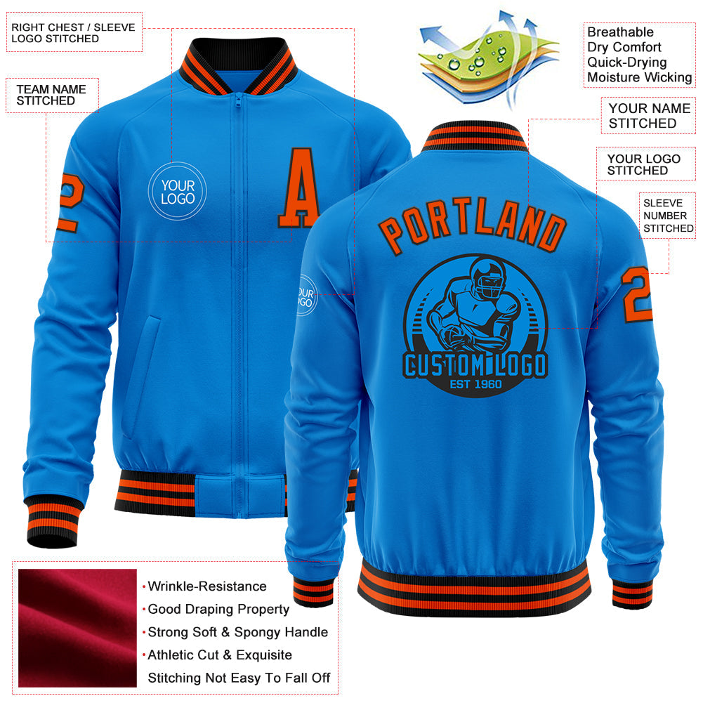 Custom Powder Blue Orange-Black Bomber Varsity Letterman Zipper Jacket view 4