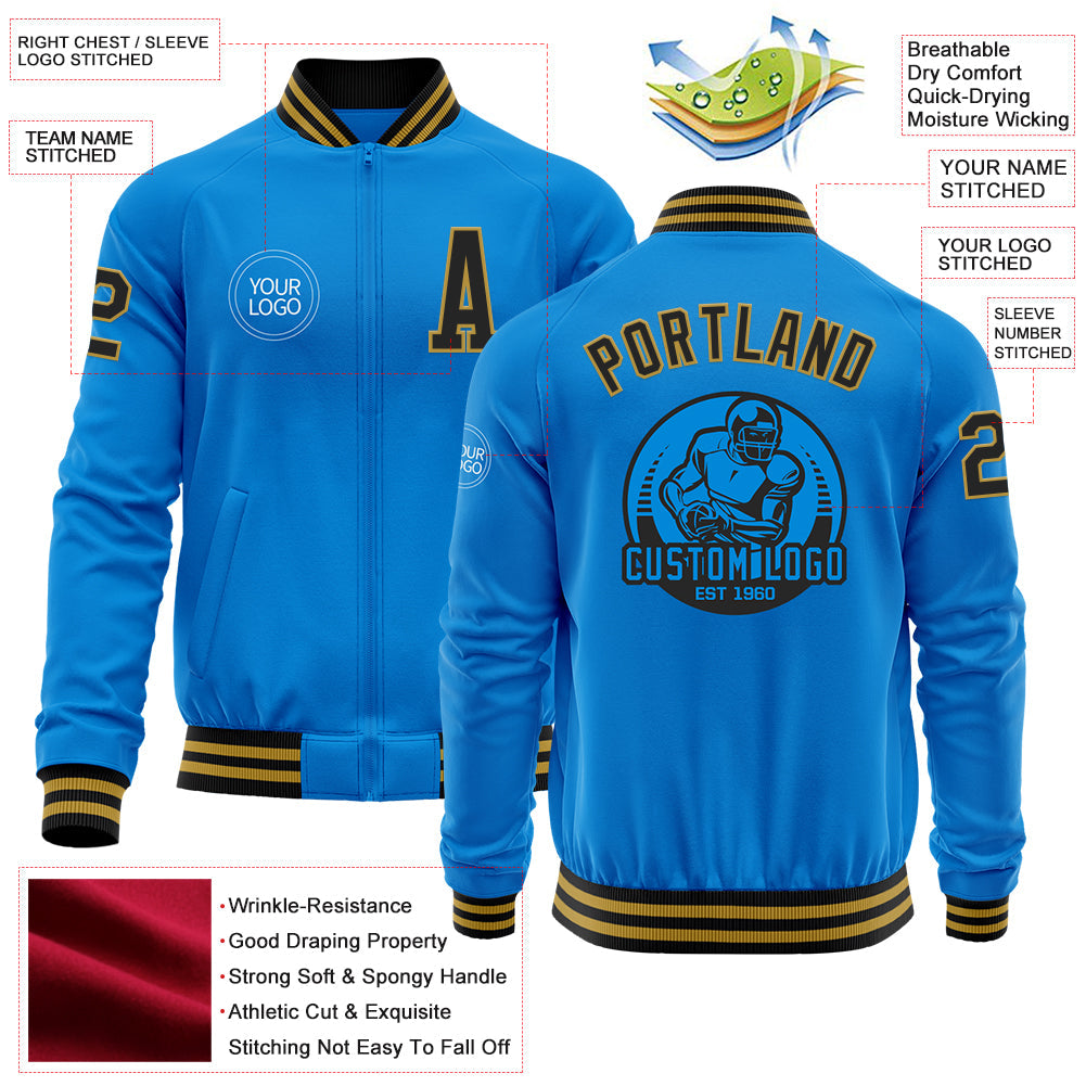 Custom Powder Blue Black-Old Gold Bomber Varsity Letterman Zipper Jacket view 4