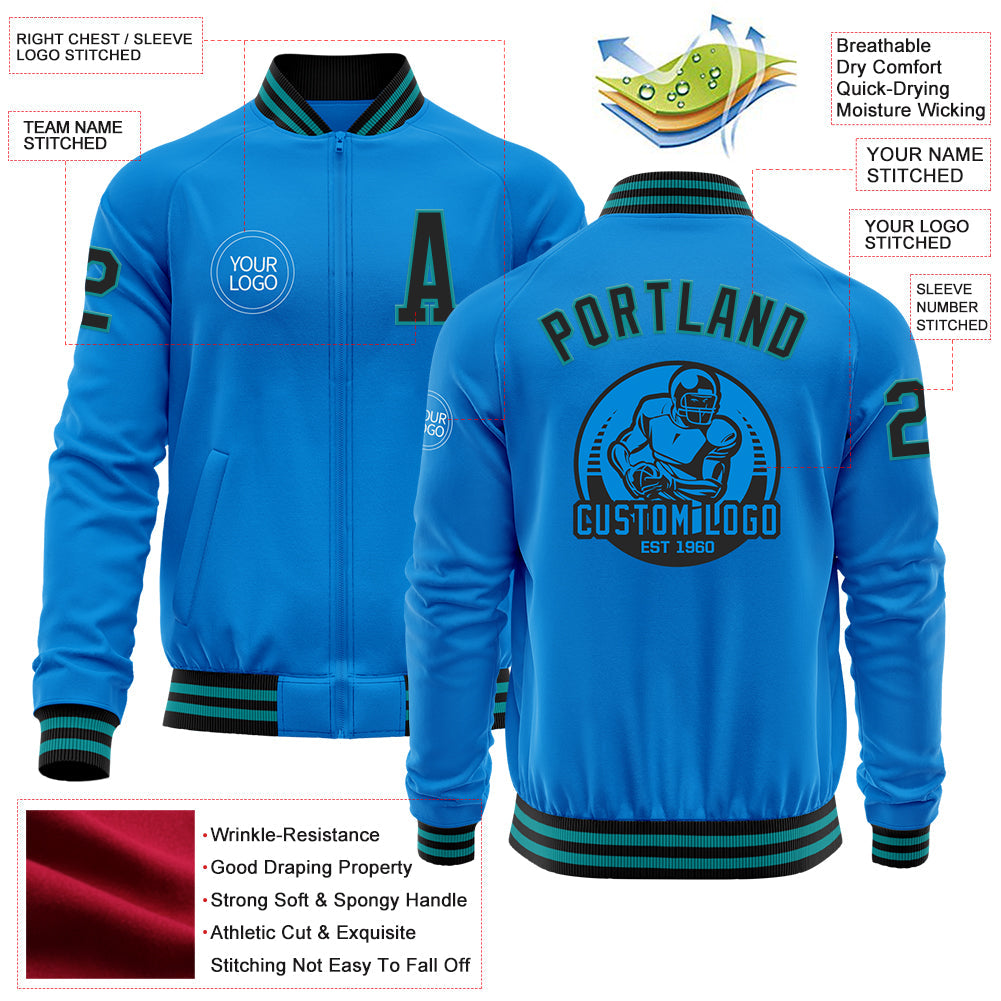 Custom Powder Blue Black-Teal Bomber Varsity Letterman Zipper Jacket view 4