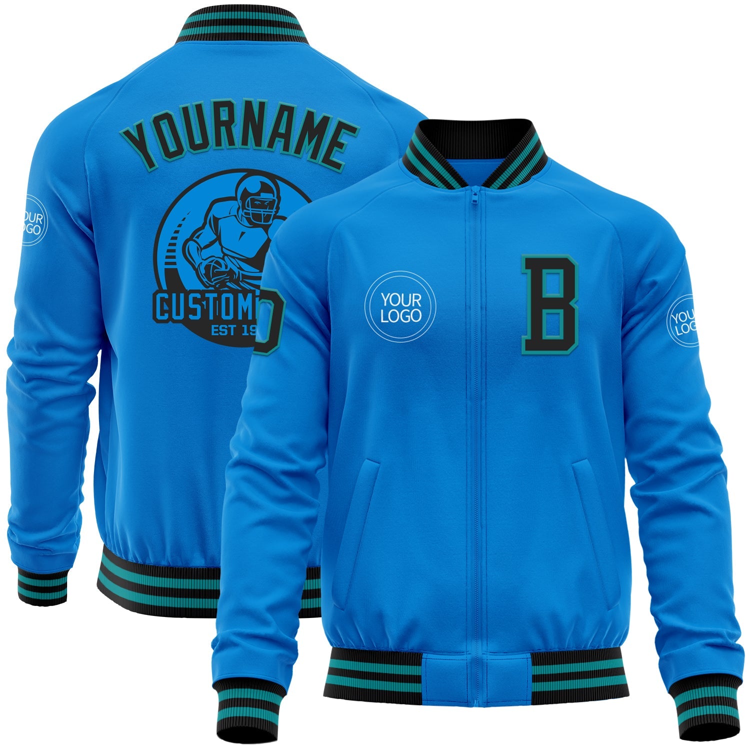 Custom Powder Blue Black-Teal Bomber Varsity Letterman Zipper Jacket - Main View