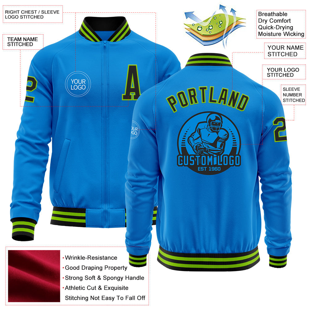 Custom Powder Blue Black-Neon Green Bomber Varsity Letterman Zipper Jacket view 4