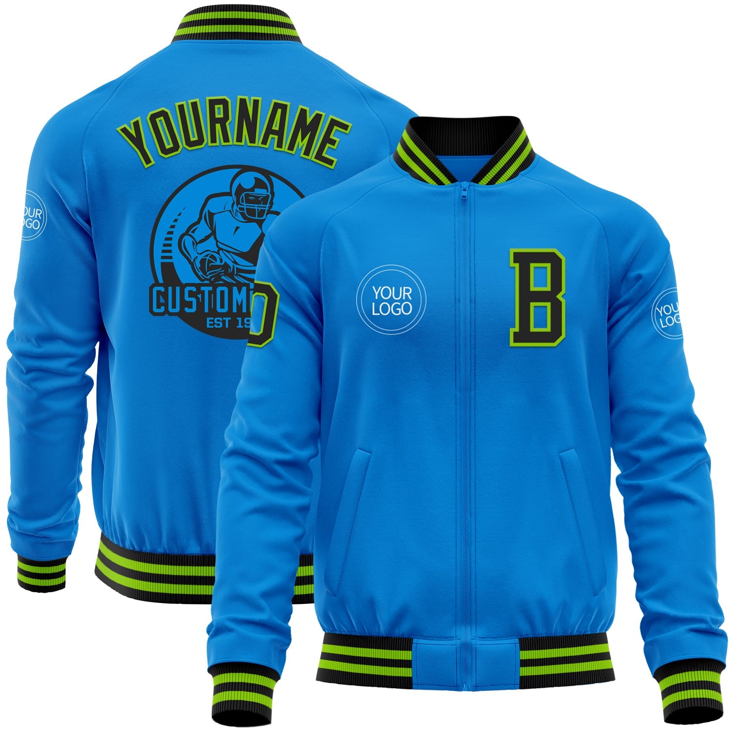Custom Powder Blue Black-Neon Green Bomber Varsity Letterman Zipper Jacket - Main View