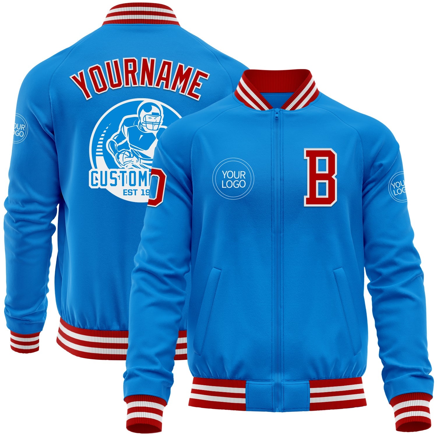 Custom Powder Blue Red-White Bomber Varsity Letterman Zipper Jacket - Main View