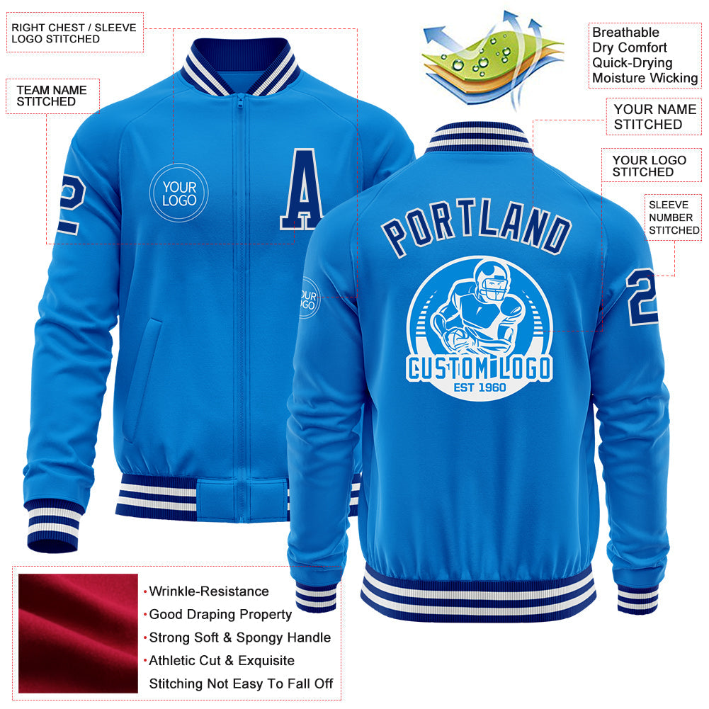 Custom Powder Blue Royal-White Bomber Varsity Letterman Zipper Jacket view 4