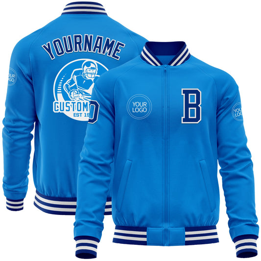 Custom Powder Blue Royal-White Bomber Varsity Letterman Zipper Jacket - Main View