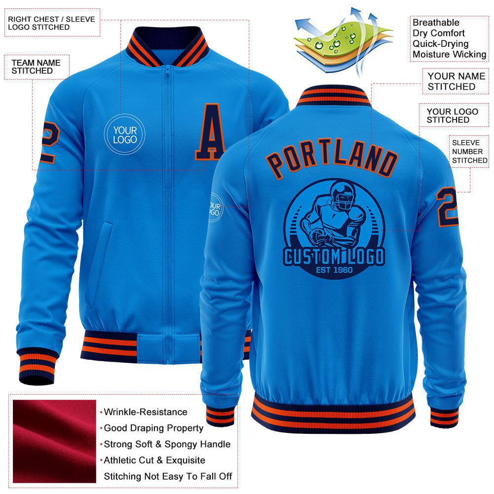 Custom Powder Blue Navy-Orange Bomber Varsity Letterman Zipper Jacket view 4
